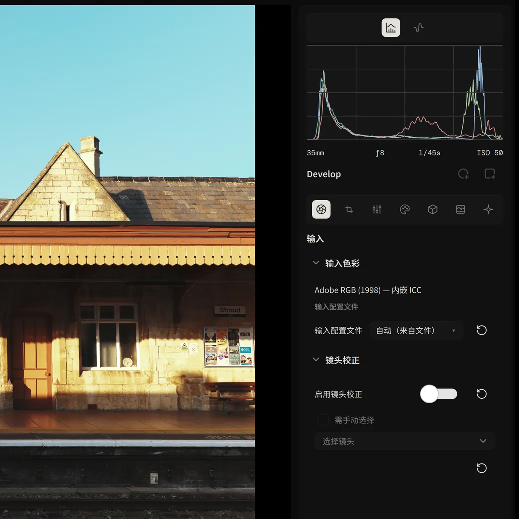 编辑器中的 TIFF，输入色彩为内嵌的 Adobe RGB 配置文件