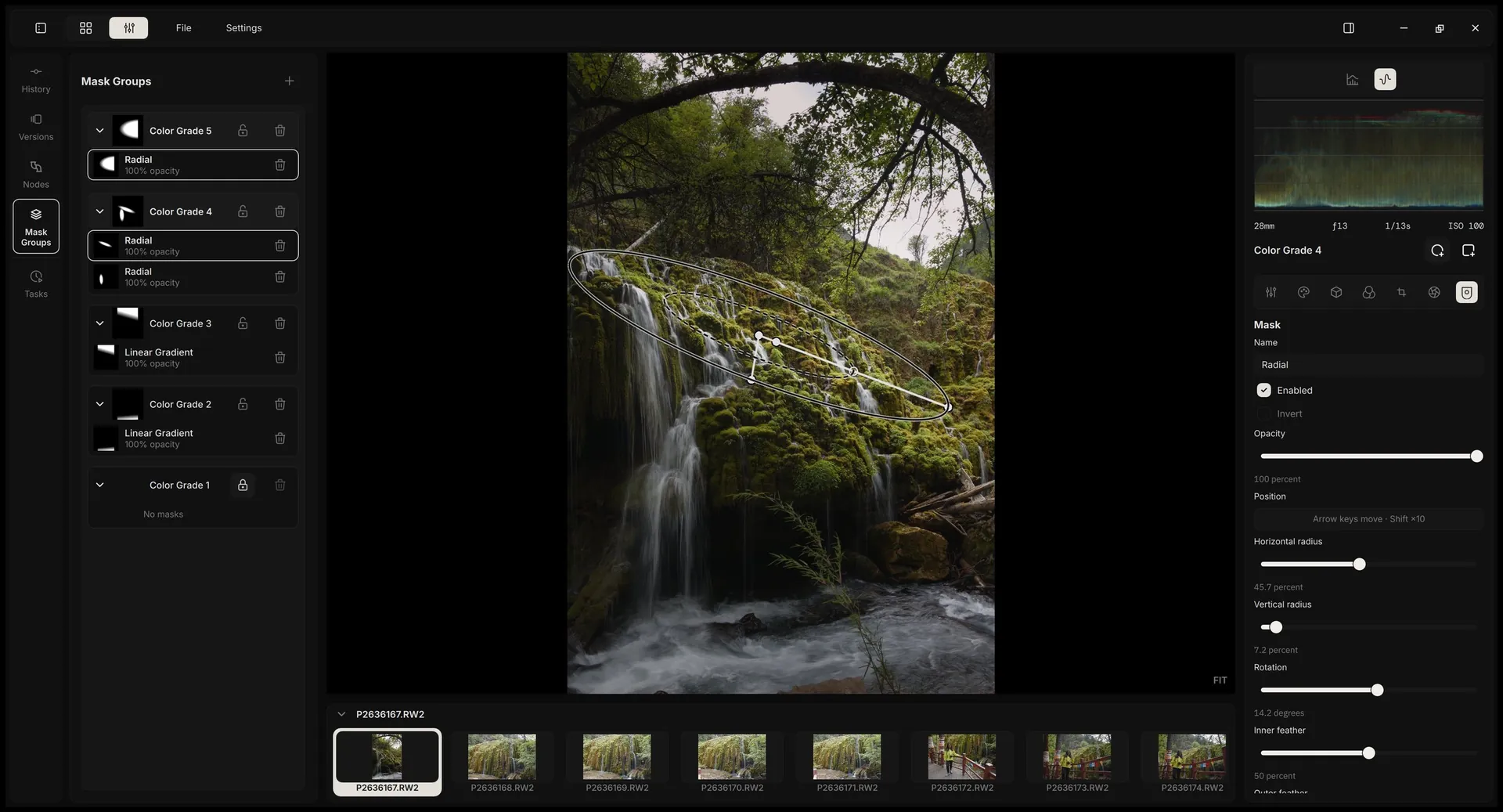A radial mask over a waterfall, with the mask groups panel and mask properties